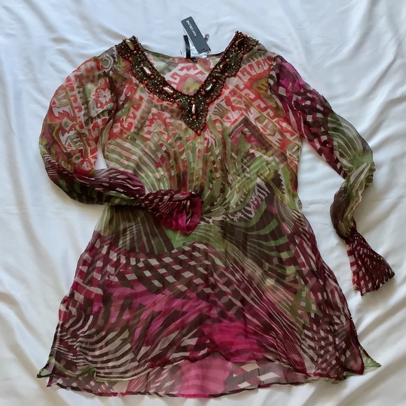 Kay Celine Multicolored Sheer Tunic with Beaded Neckline, NWT, Size S - Picture 5 of 16
